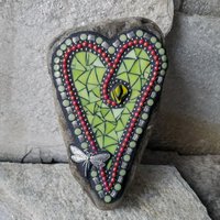  Lime Green Heart Mosaic Garden Stone w/Dragonfly