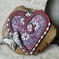 Iridescent Pink Mosaic Heart Garden Stone w/Butterfly