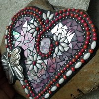 Iridescent Pink Mosaic Heart Garden Stone w/Butterfly