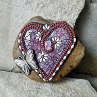 Iridescent Pink Mosaic Heart Garden Stone w/Butterfly