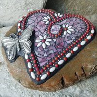 Iridescent Pink Mosaic Heart Garden Stone w/Butterfly