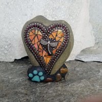 Orange Mosaic Heart Pet Memorial w/Dragonfly
