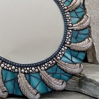 Teal Blue Feather Round Mosaic Mirror, Home Decor