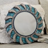 Teal Blue Feather Round Mosaic Mirror, Home Decor