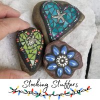 Mosaic Garden Stone Paperweights, Secret Santa Stocking Stuffer, #4 Group Mosaic Heart and Rocks,   