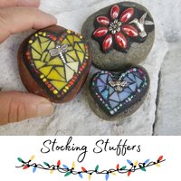 Mosaic Garden Stone Paperweights, Secret Santa Stocking Stuffer, #1 Group Mosaic Heart and Rocks 