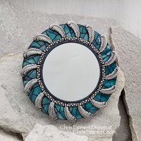 Teal Blue Feather Round Mosaic Mirror, Home Decor