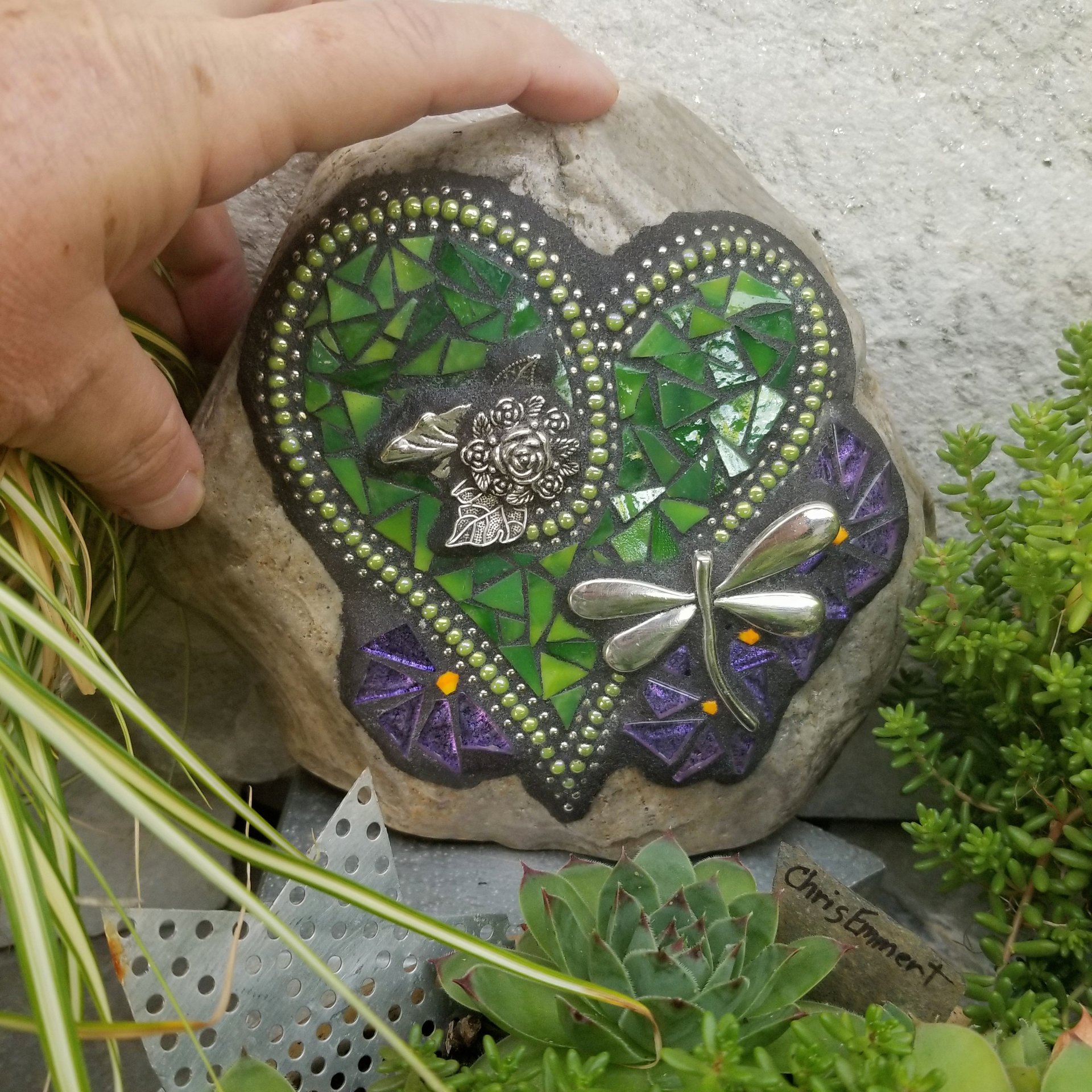 Green dragonfly mosaic heart