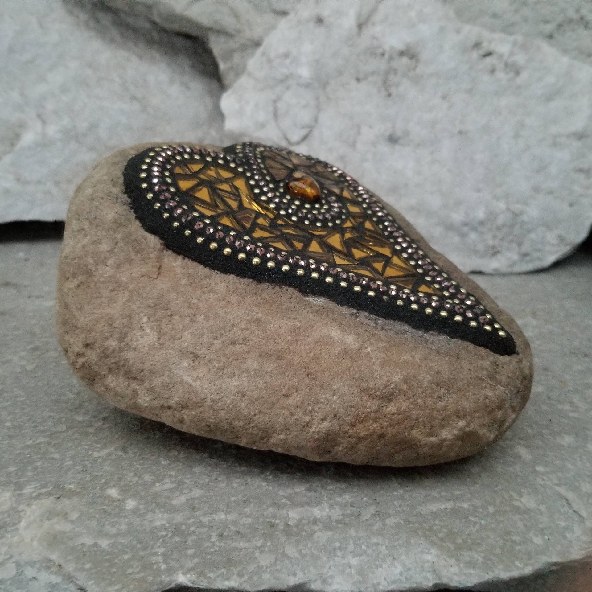 Gold Mirror Heart (3), Mosaic Paperweight / Garden Stone