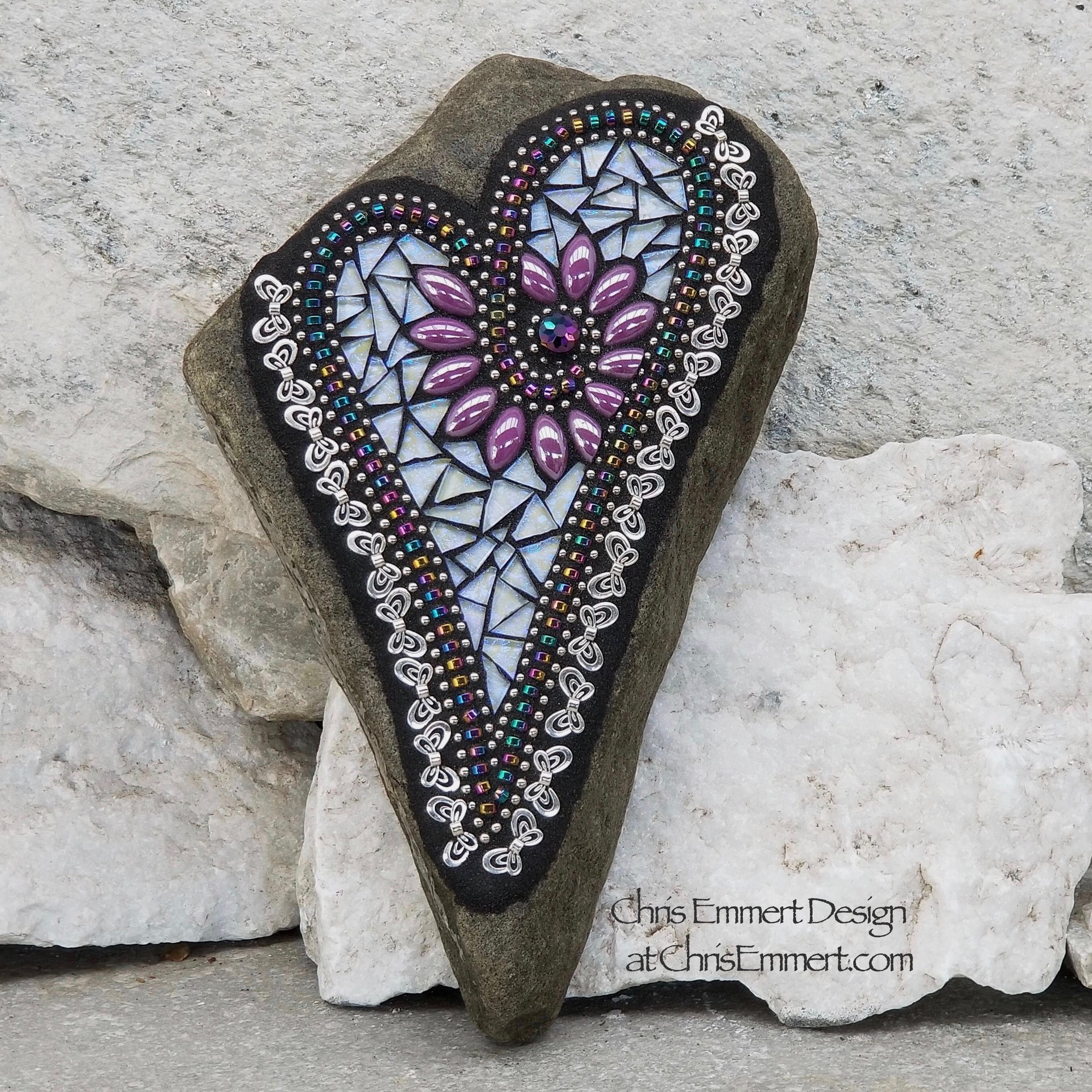 Mosaic heart garden Stone, purple flower and pewter butterflies