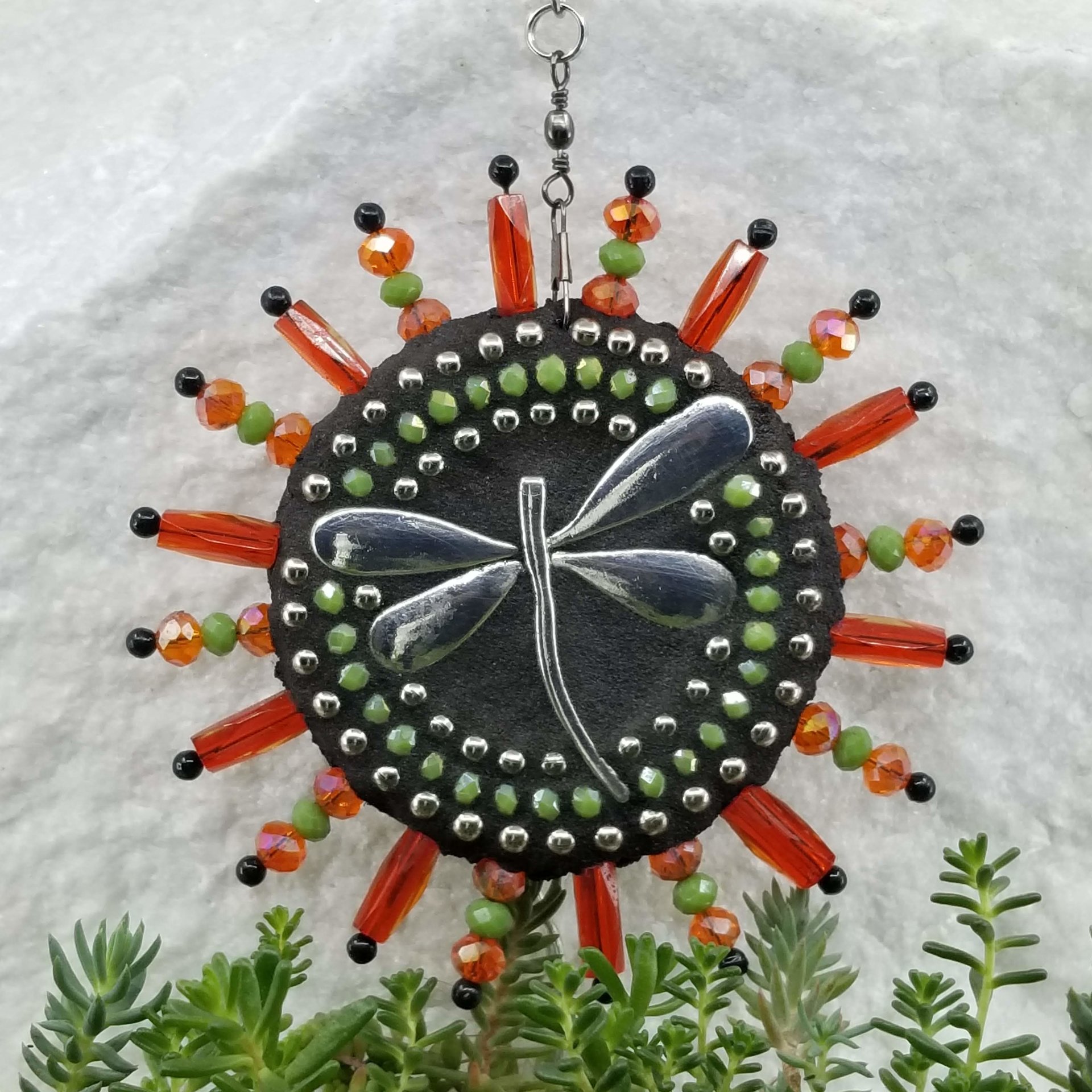 Dragonfly Mosaic Garden Wind Spinner, Orange Rays, Home Decor, Garden Decor, Gardening Gift,