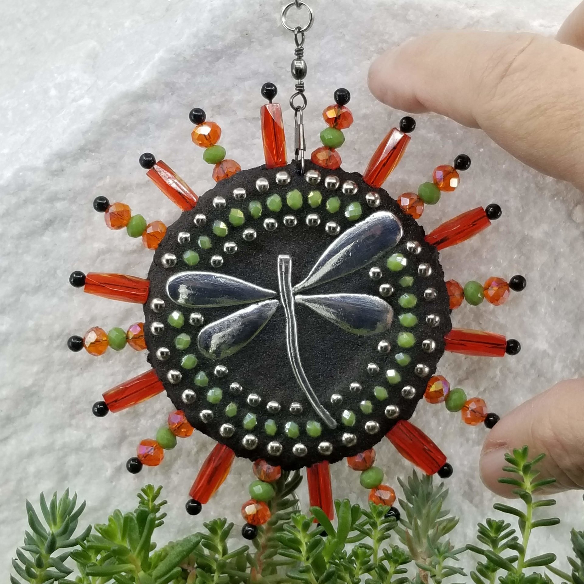 Dragonfly Mosaic Garden Wind Spinner, Orange Rays, Home Decor, Garden Decor, Gardening Gift,