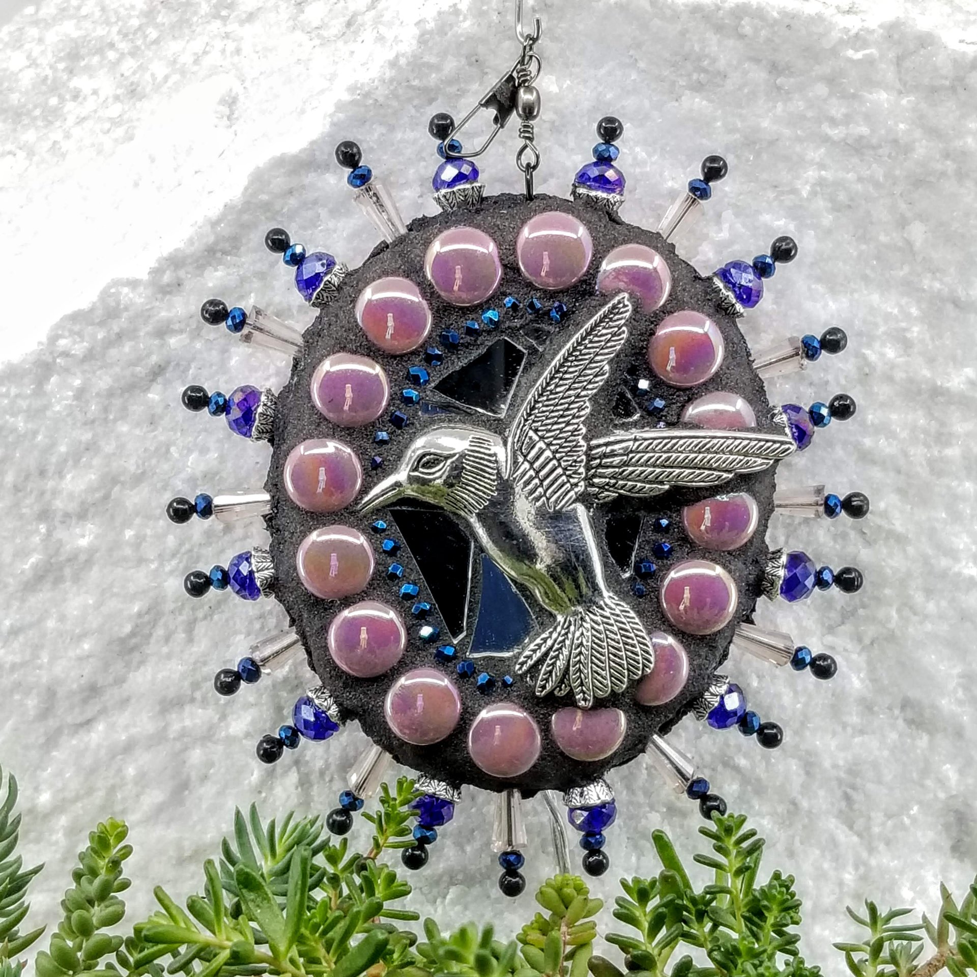 Hummingbird Mosaic Garden Wind Spinner, Pink Rays, Home Decor, Garden Decor, Gardening Gift