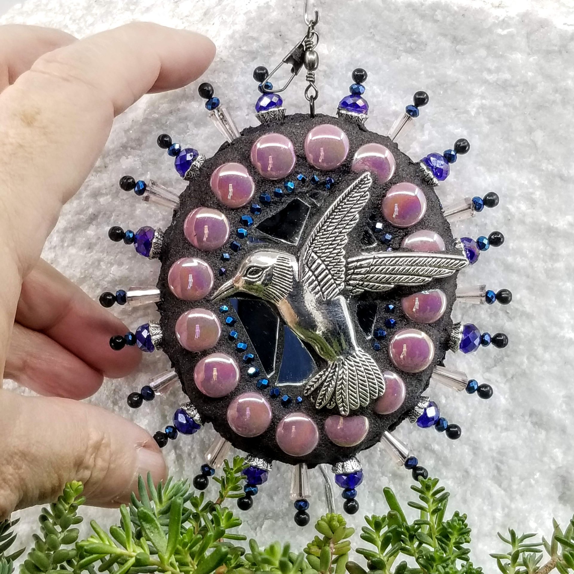 Hummingbird Mosaic Garden Wind Spinner, Pink Rays, Home Decor, Garden Decor, Gardening Gift