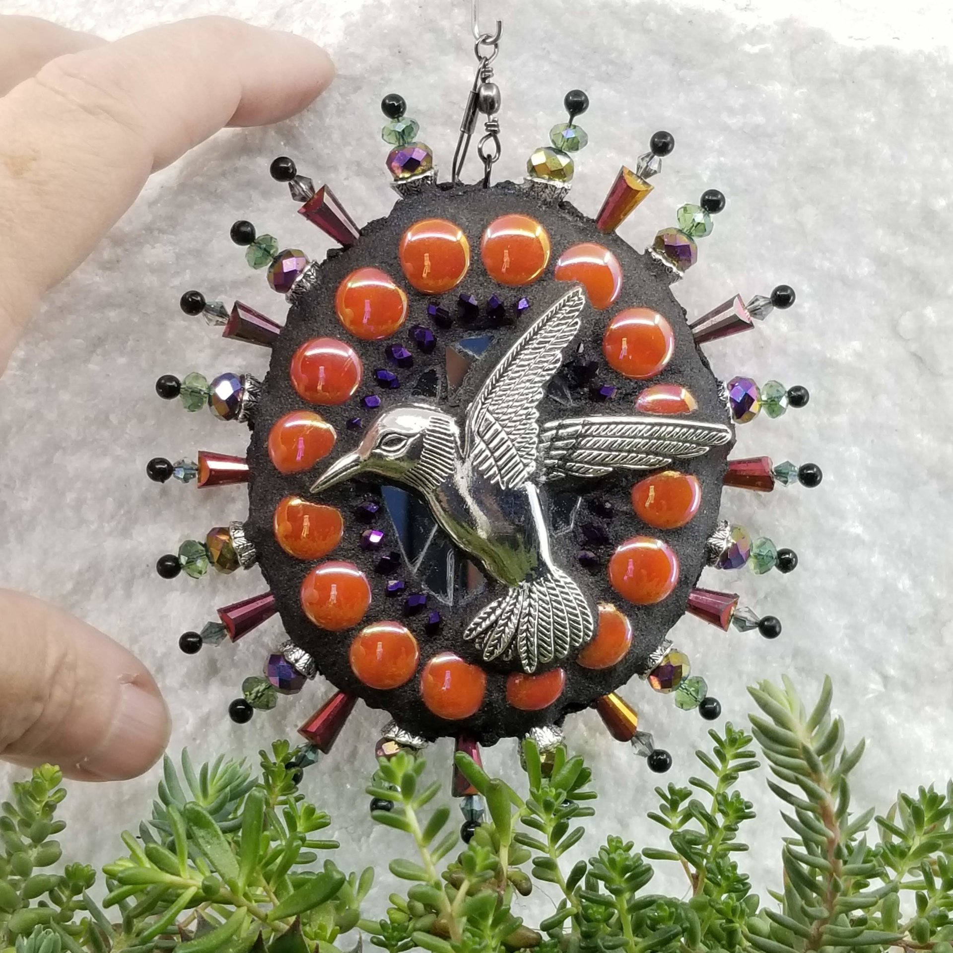 Hummingbird Oval Mosaic Garden Wind Spinner, Dark Orange Rays, Home Decor, Garden Decor, Gardening Gift