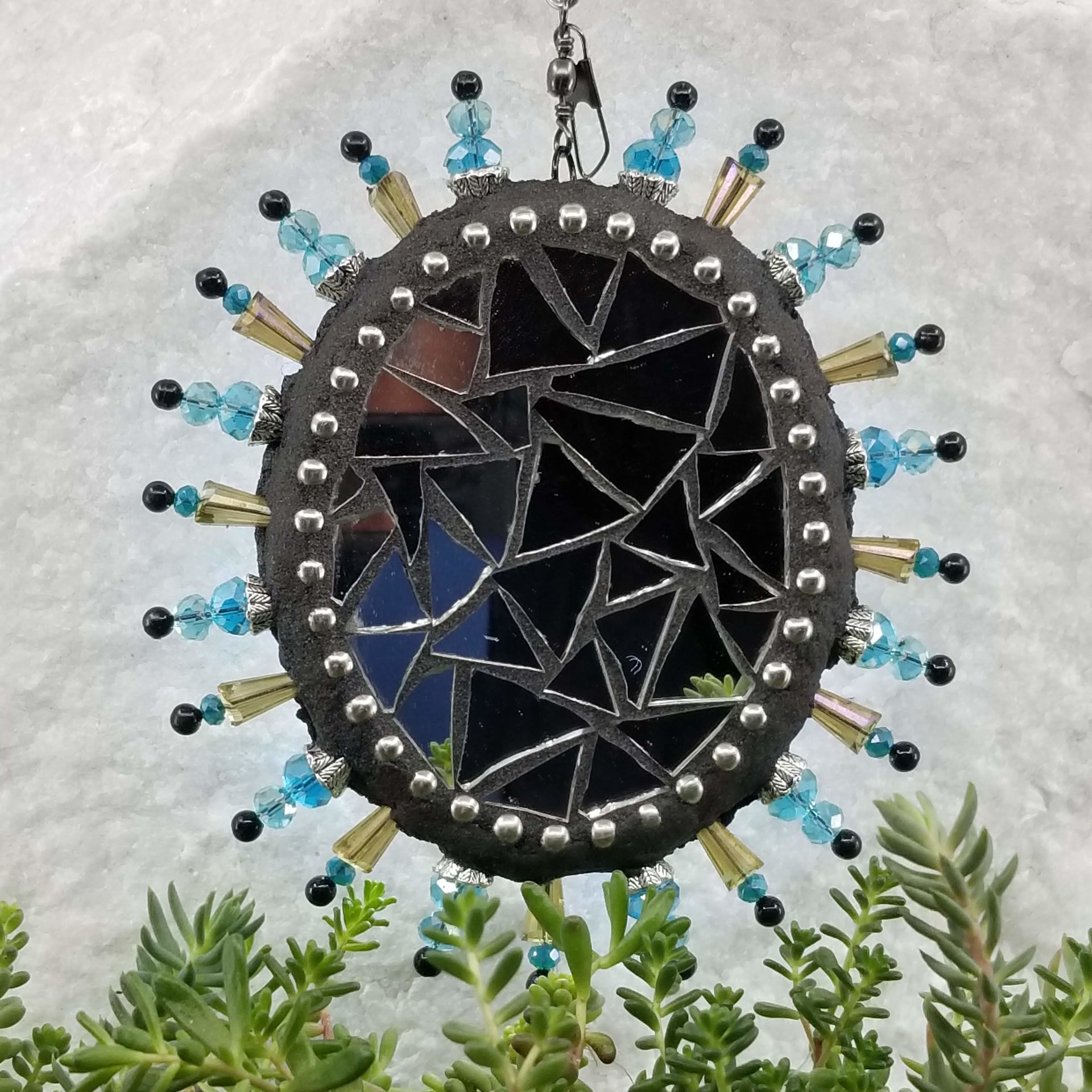 Oval Gemstone Garden Mosaic, Wind Spinner, Blue Rays, Home Decor, Garden Decor, Gardening Gift