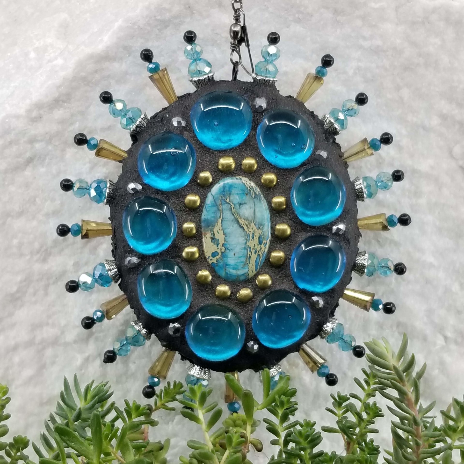 Oval Gemstone Garden Mosaic, Wind Spinner, Blue Rays, Home Decor, Garden Decor, Gardening Gift