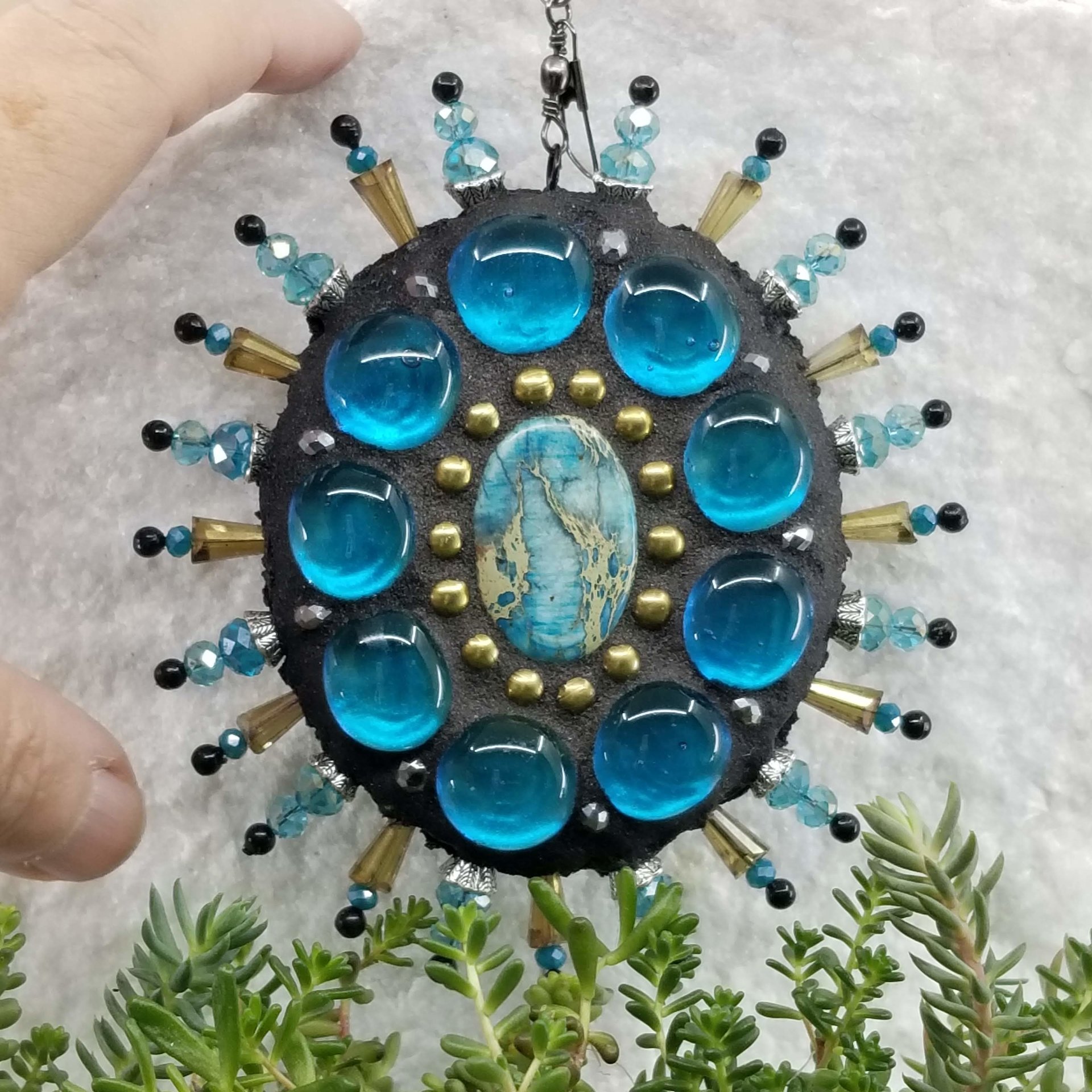 Oval Gemstone Garden Mosaic, Wind Spinner, Blue Rays, Home Decor, Garden Decor, Gardening Gift