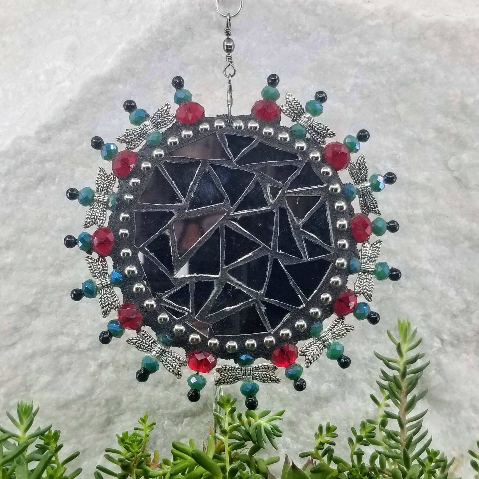 Pewter Birds Mosaic Garden Spinner, Teal /Red Rays, Home Decor, Garden Decor, Gardening Gift,