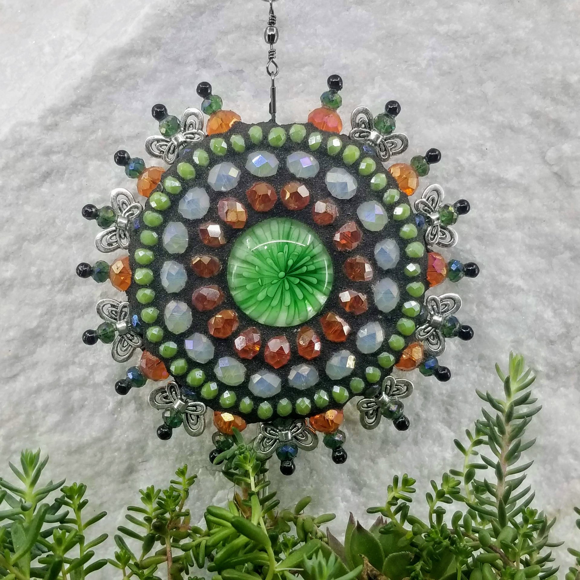 Green Flower Mosaic Garden Wind Spinner, Butterfly Rays, Home Decor, Garden Decor, Gardening Gift,