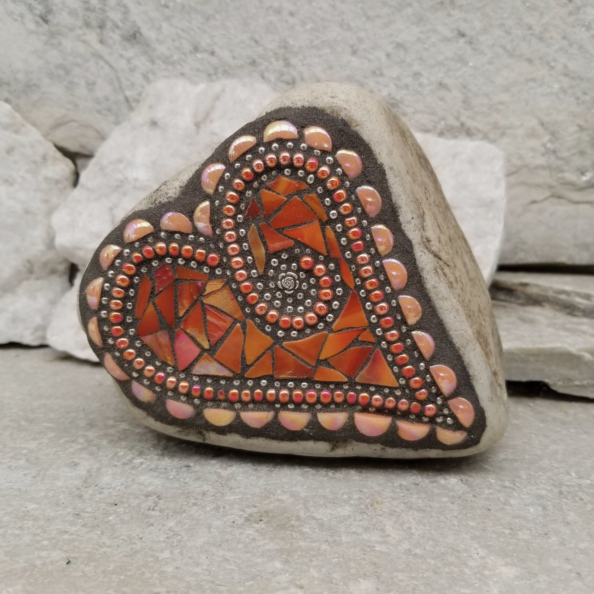 Red/Orange Mosaic Heart Garden Stone, GardnerGift, Garden Decor