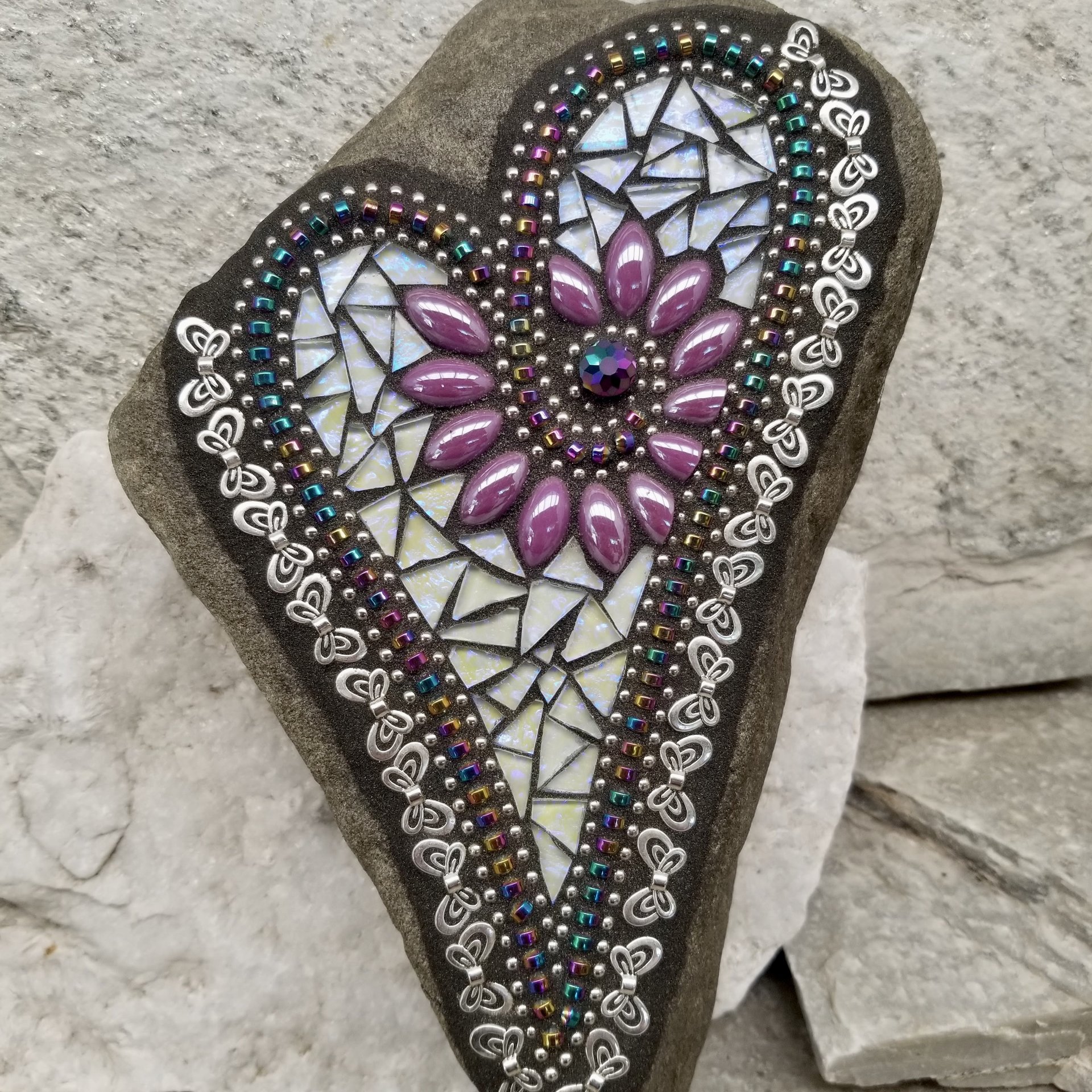 Iridescent Lavender Heart with Butterflies, Garden Stone, Mosaic, Garden Decor