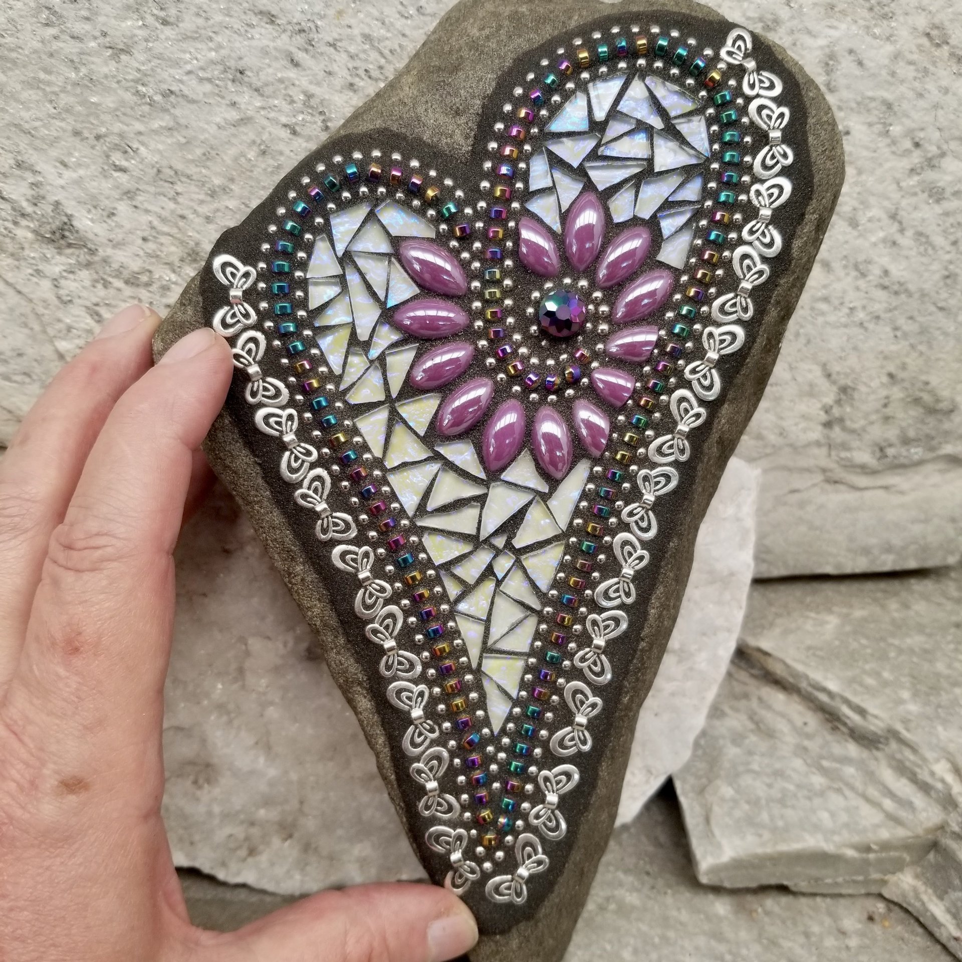 Iridescent Lavender Heart with Butterflies, Garden Stone, Mosaic, Garden Decor
