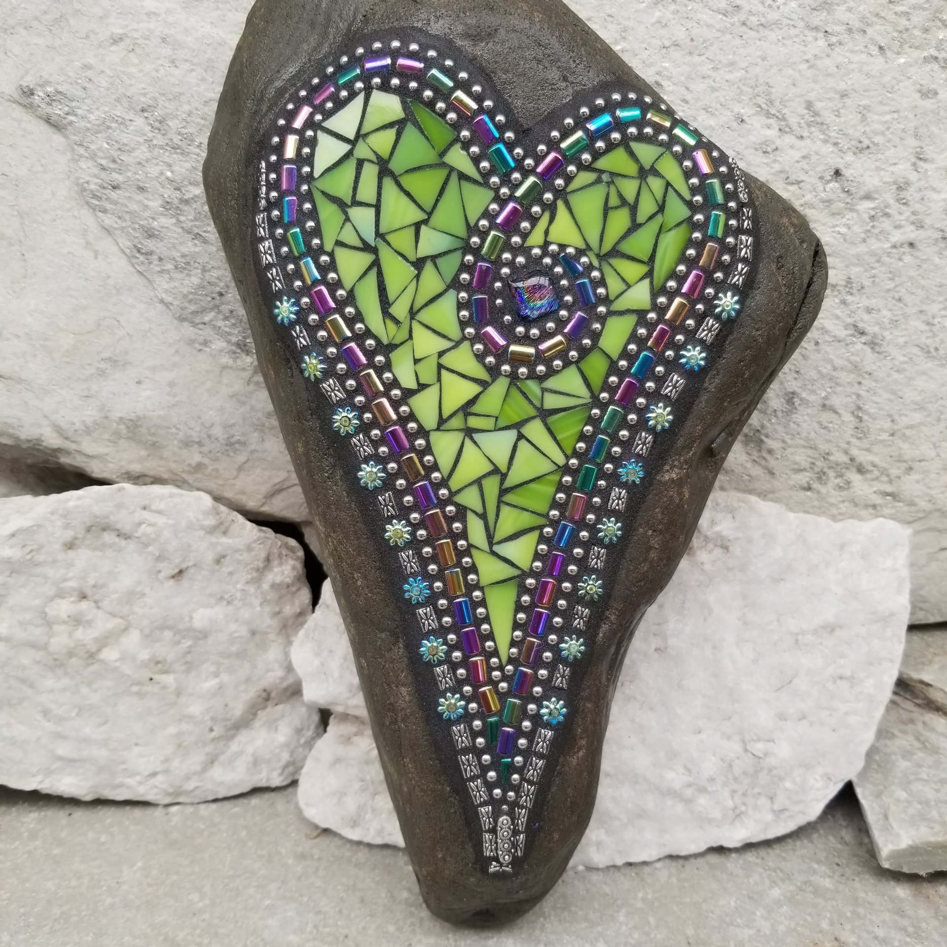 Lime Green Heart Mosaic Garden Stone,  Garden Decor