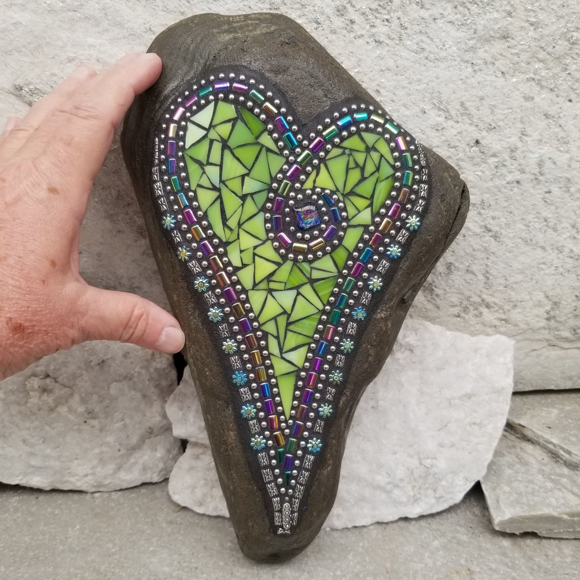 Lime Green Heart Mosaic Garden Stone,  Garden Decor
