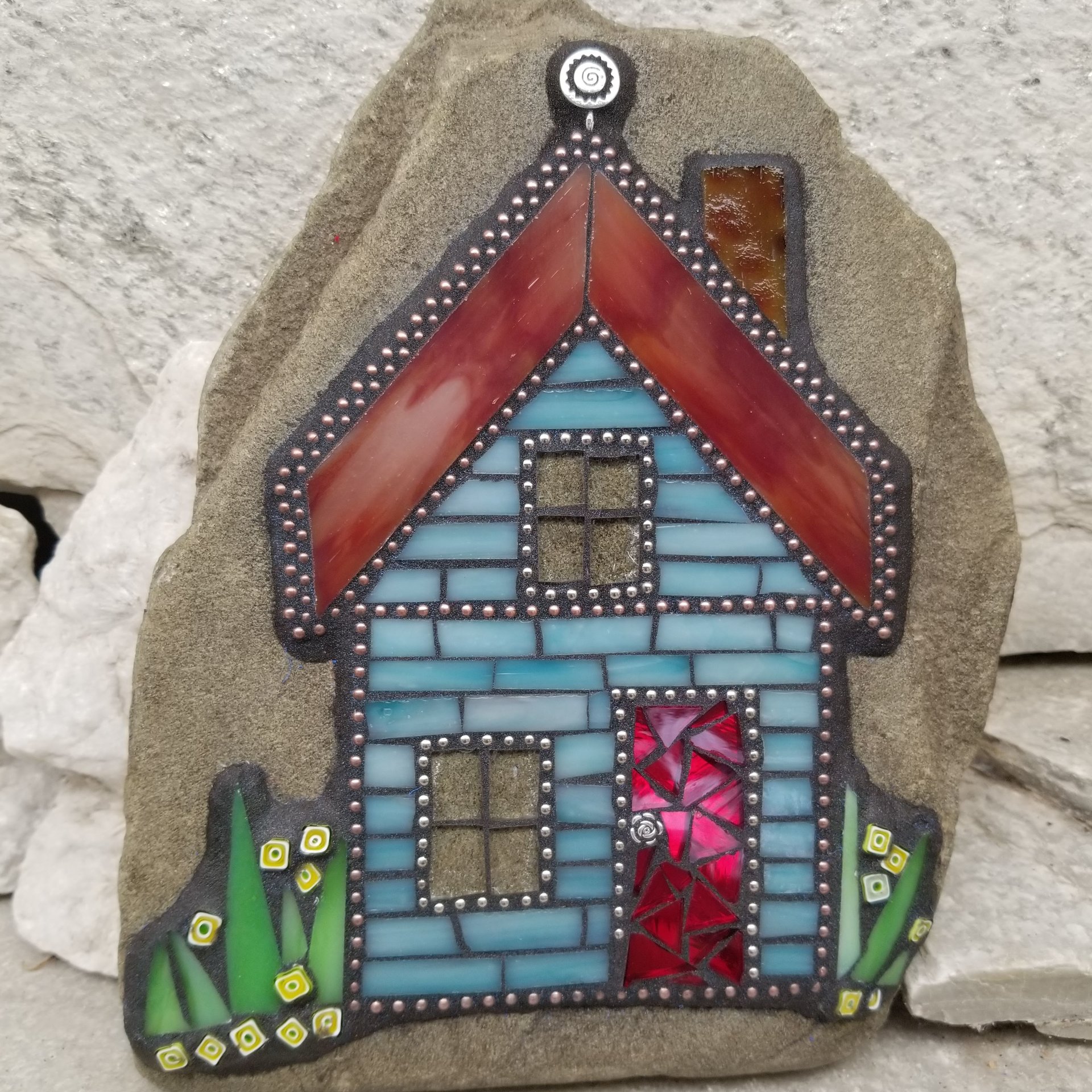 Blue House Mosaic Rock, Gardener Gift, Home Decor, Mosaic Garden Stone