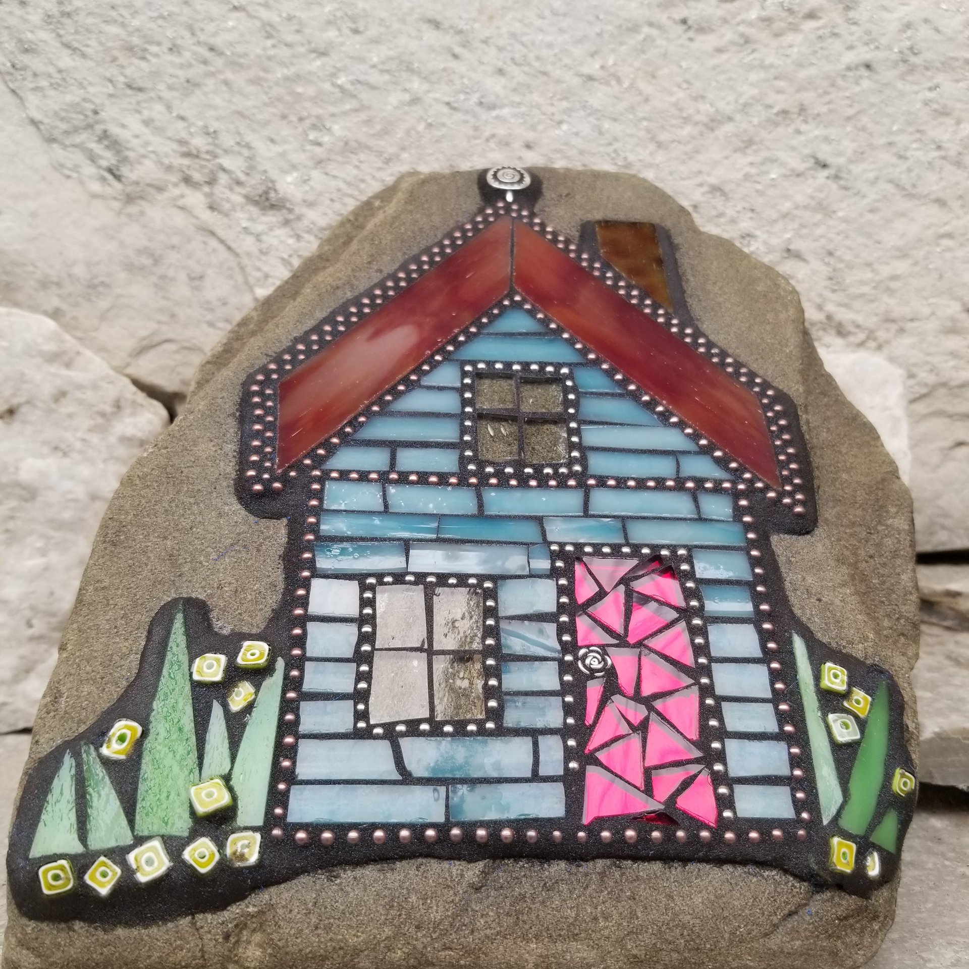 Blue House Mosaic Rock, Gardener Gift, Home Decor, Mosaic Garden Stone