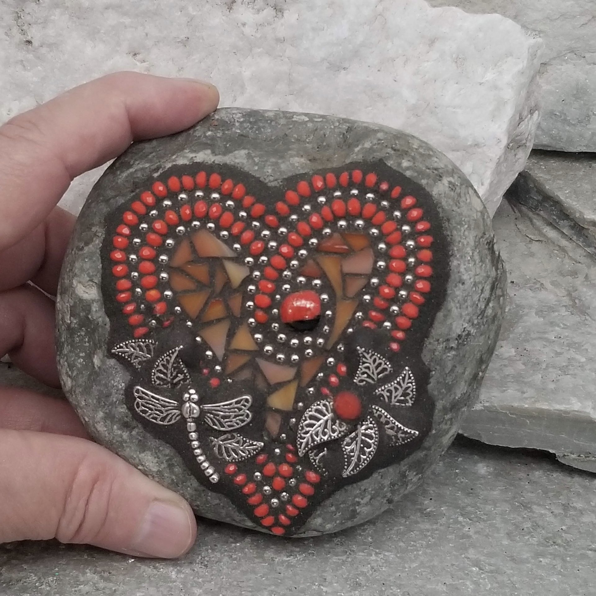 Orange Leaf Heart, Garden Stone, Mosaic, Garden Decor