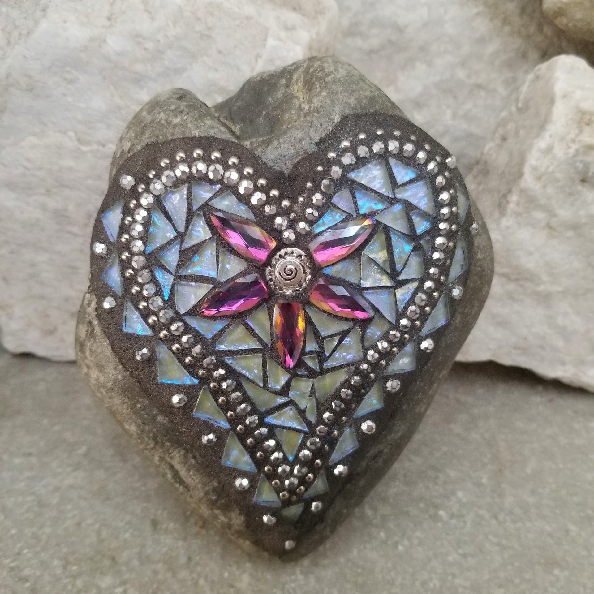 Iridescent Mosaic Heart Garden Stone, GardnerGift, Garden Decor