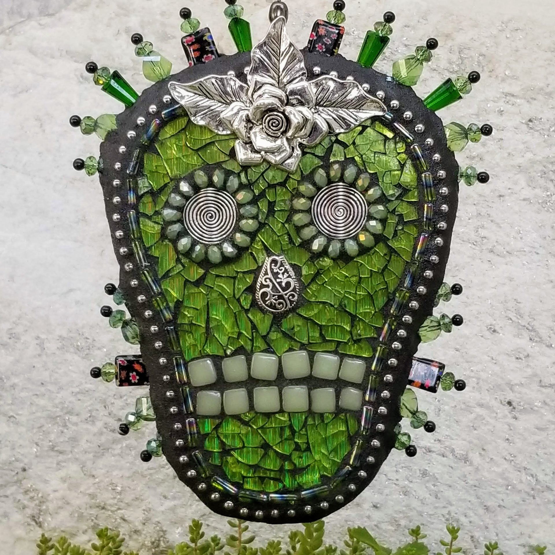 Skull in Green Mosaic Garden Wind Spinner, Home and Garden Decor, Gardening Gift,