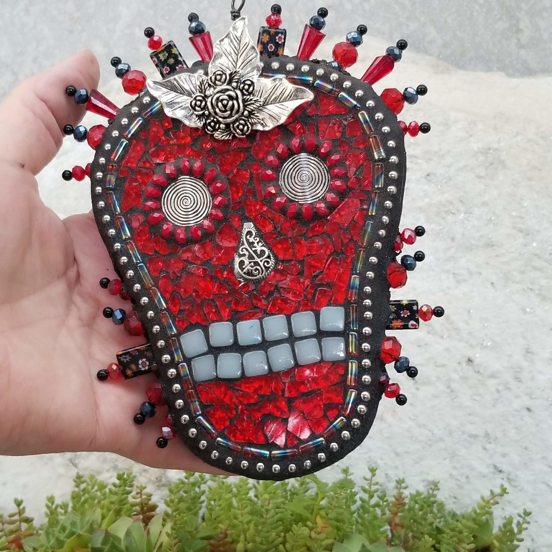 Skull in Red Mosaic Garden Wind Spinner, Home and Garden Decor, Gardening Gift,