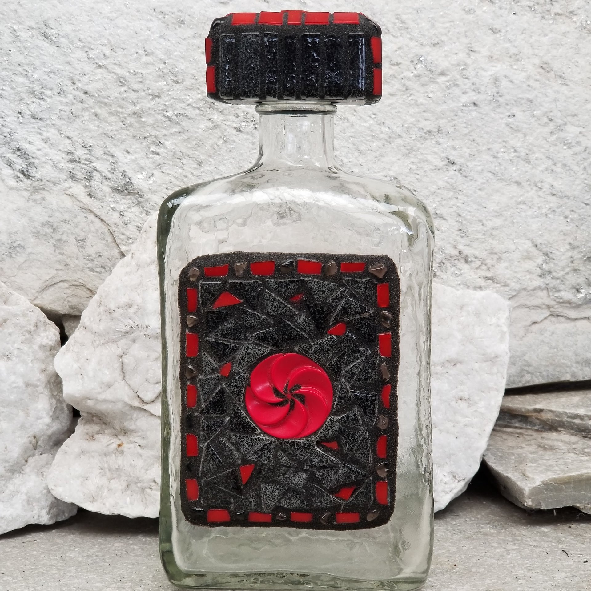 Mosaic Liquor Bottle “Red Button” Up-cycled Decanter