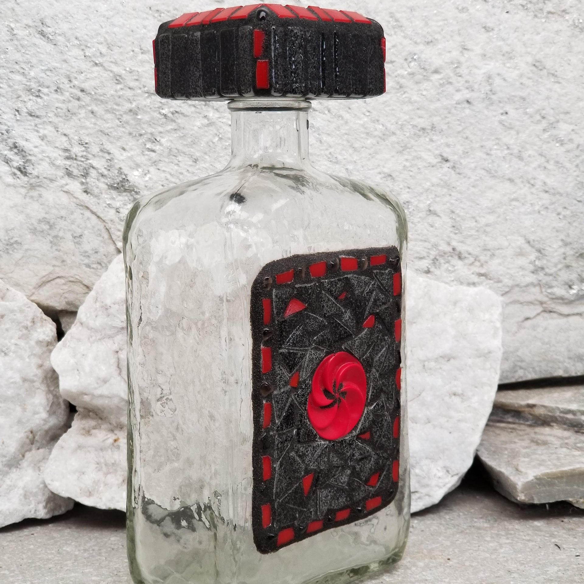 Mosaic Liquor Bottle “Red Button” Up-cycled Decanter