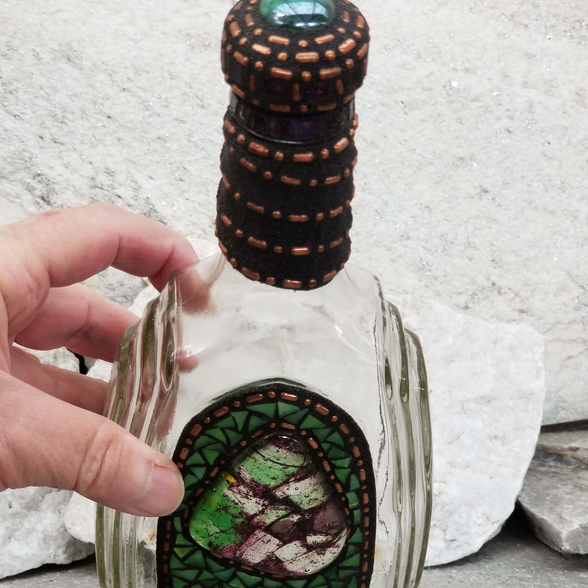 Mosaic Liquor Bottle “Woodland” Up-cycled Decanter