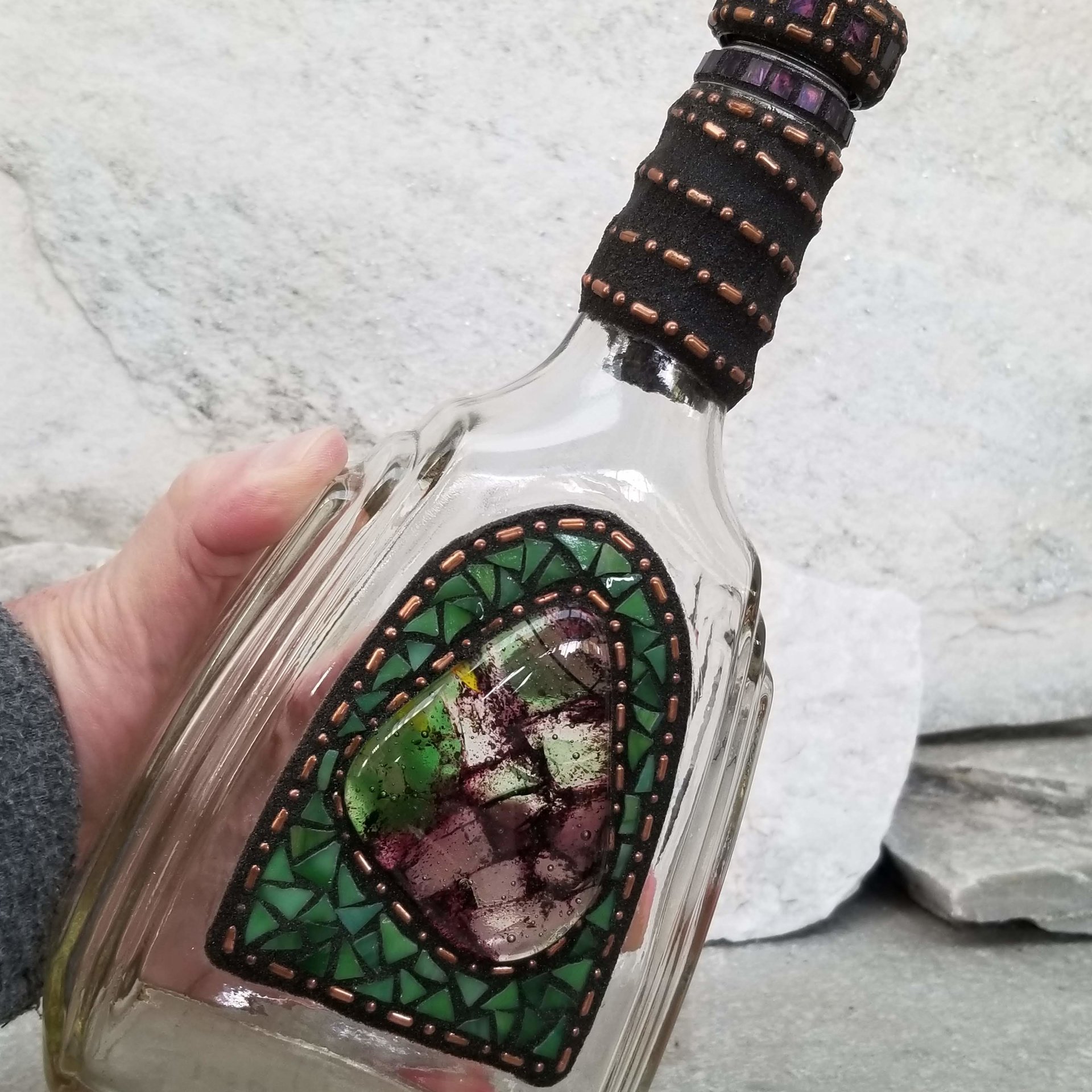 Mosaic Liquor Bottle “Woodland” Up-cycled Decanter