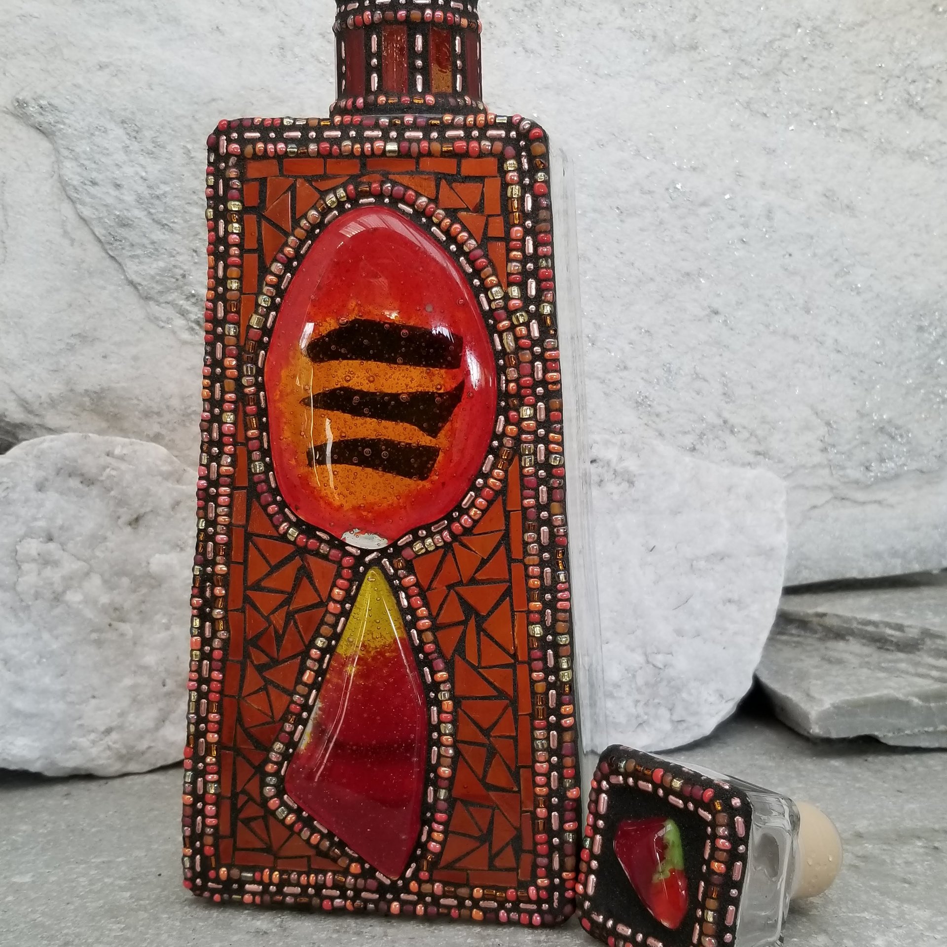 Mosaic Liquor Bottle “On Fire” Up-cycled Decanter