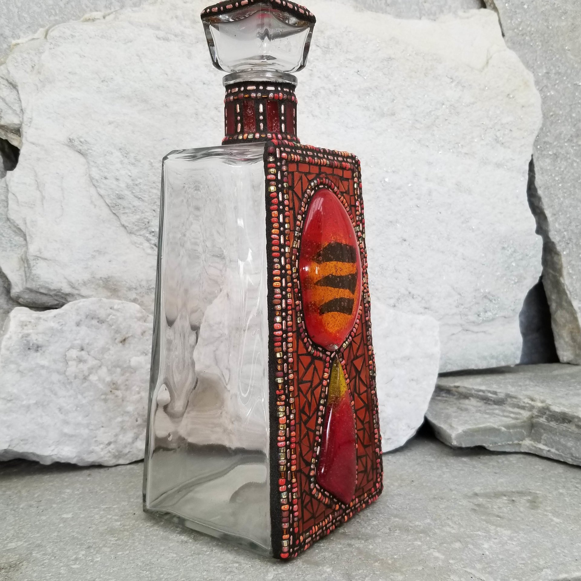 Mosaic Liquor Bottle “On Fire” Up-cycled Decanter