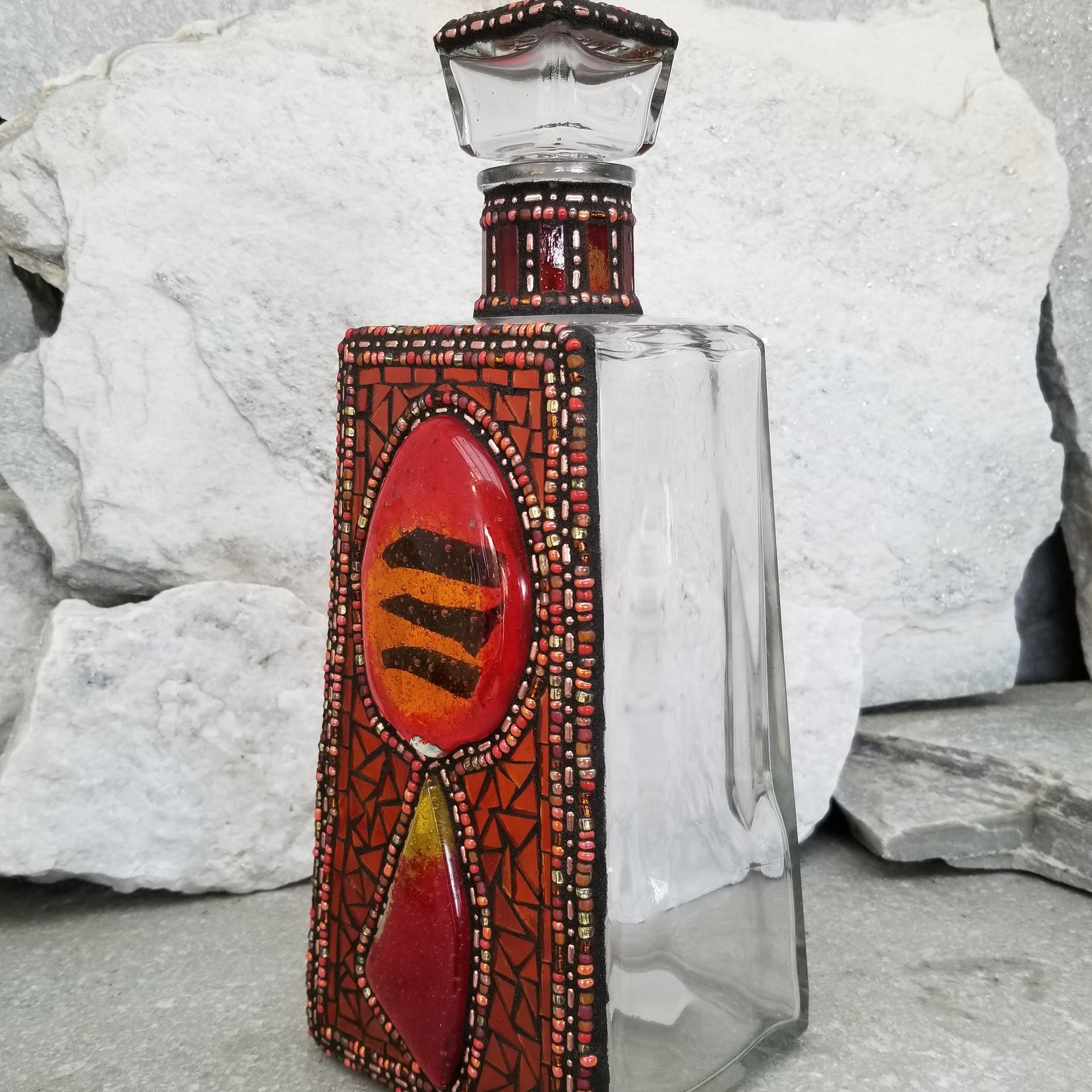 Mosaic Liquor Bottle “On Fire” Up-cycled Decanter