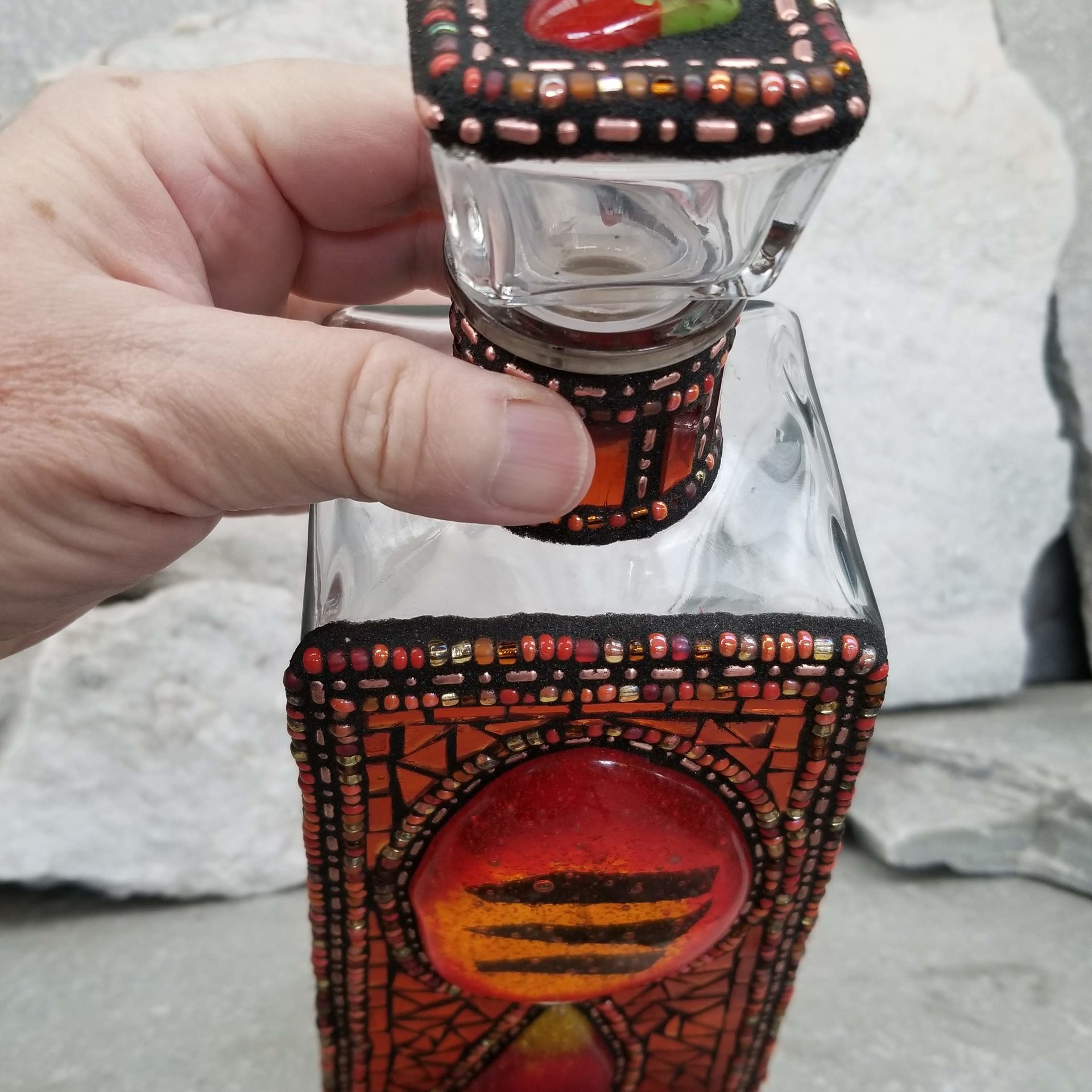 Mosaic Liquor Bottle “On Fire” Up-cycled Decanter