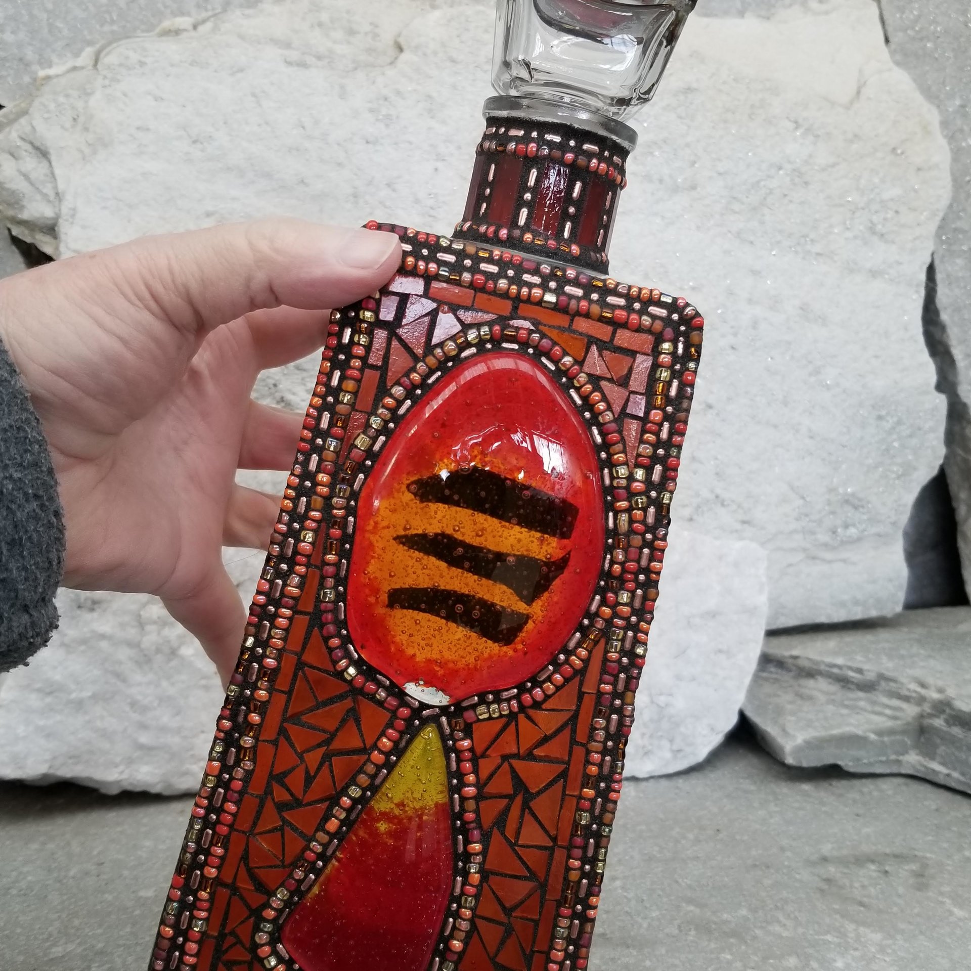 Mosaic Liquor Bottle “On Fire” Up-cycled Decanter