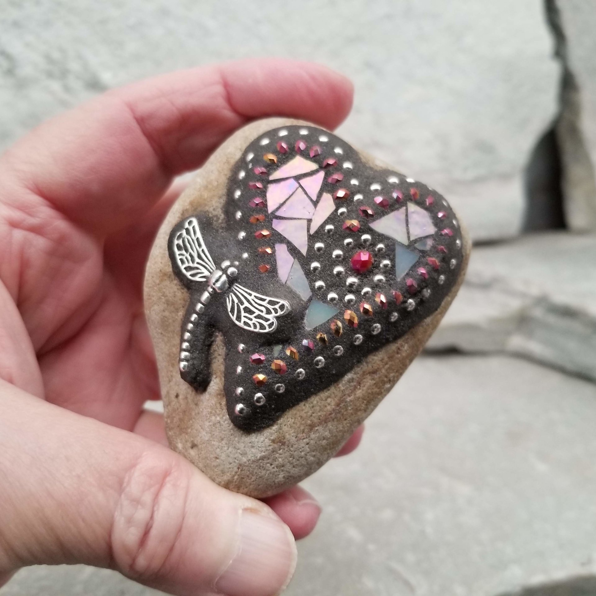 Garden Stone Paperweights, Secret Santa Stocking Stuffer, #3 Group Mosaic Heart and Rocks, Mosaic Garden Stone, Home Decor, Gardening, Gardening Gift,