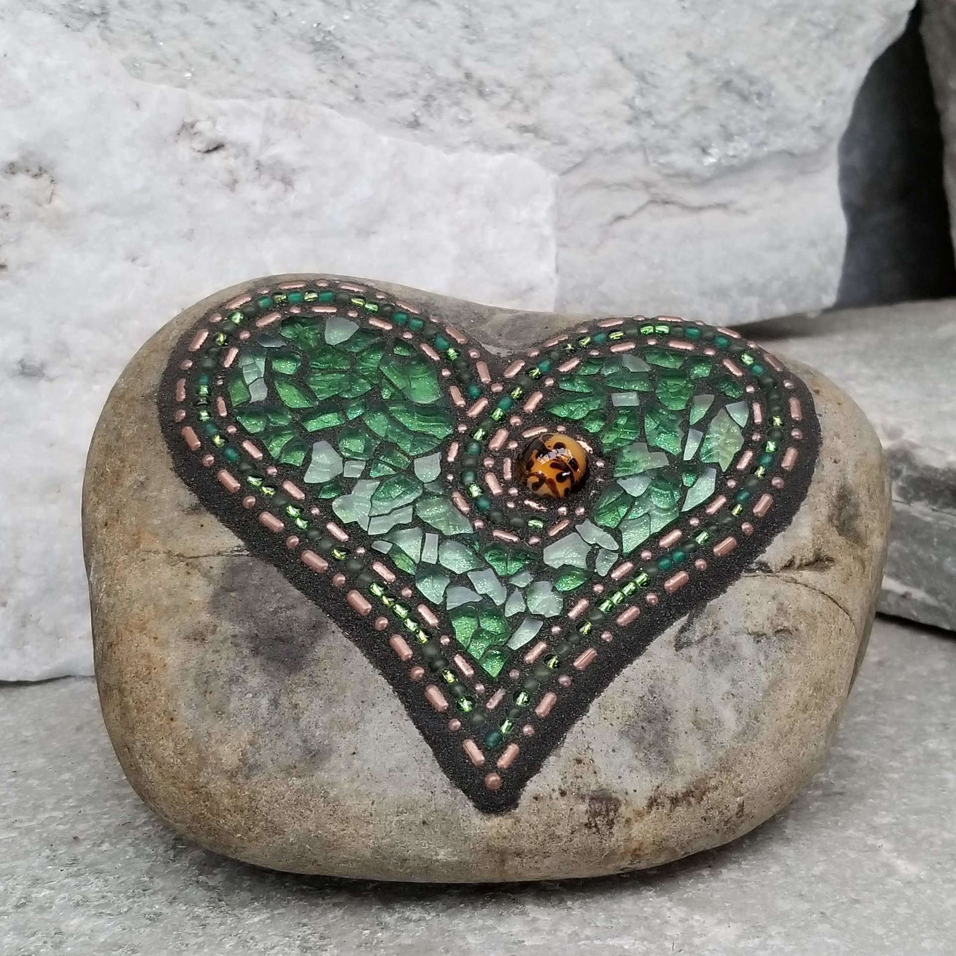 Green Mosaic Heart Garden Stone, GardnerGift, Garden Decor
