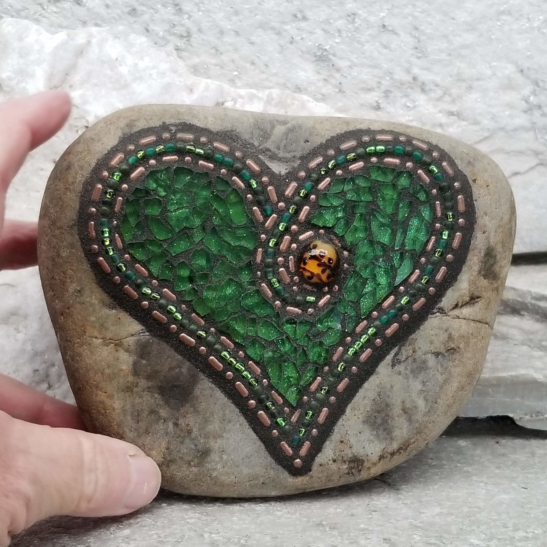 Green Mosaic Heart Garden Stone, GardnerGift, Garden Decor
