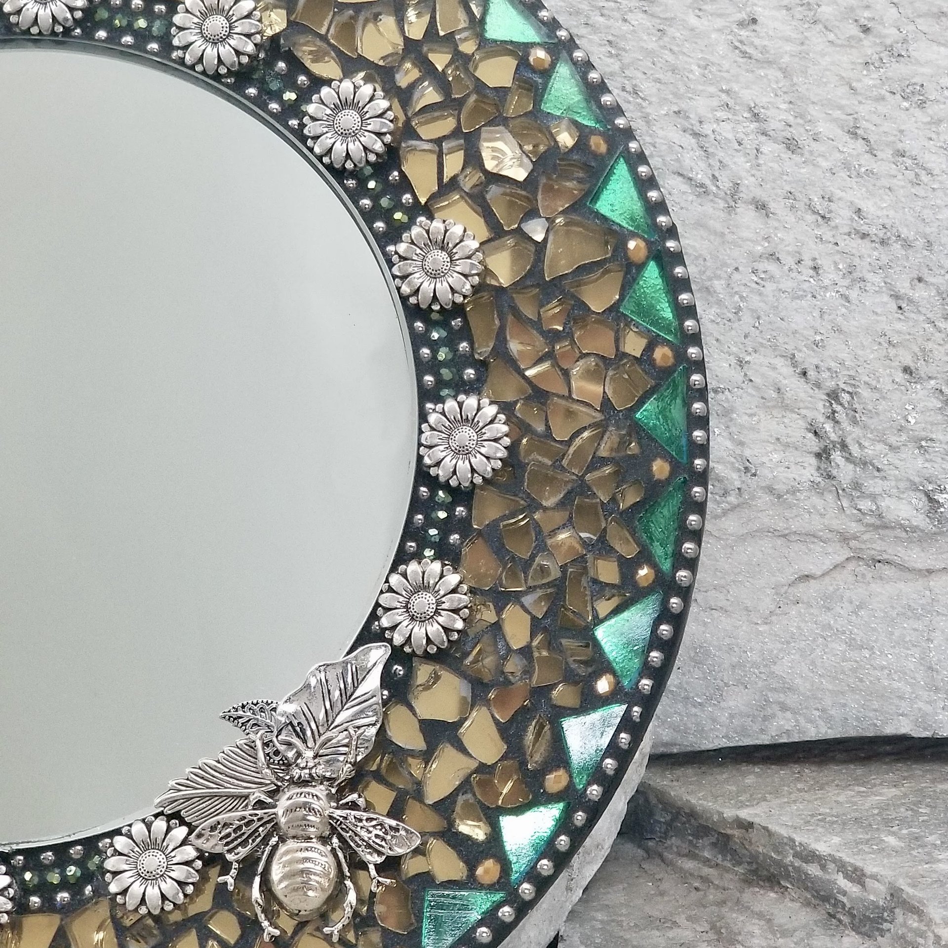 Bee and Sunflower Mosaic Gold Mirror, Round Mosaic Mirror, Home Decor