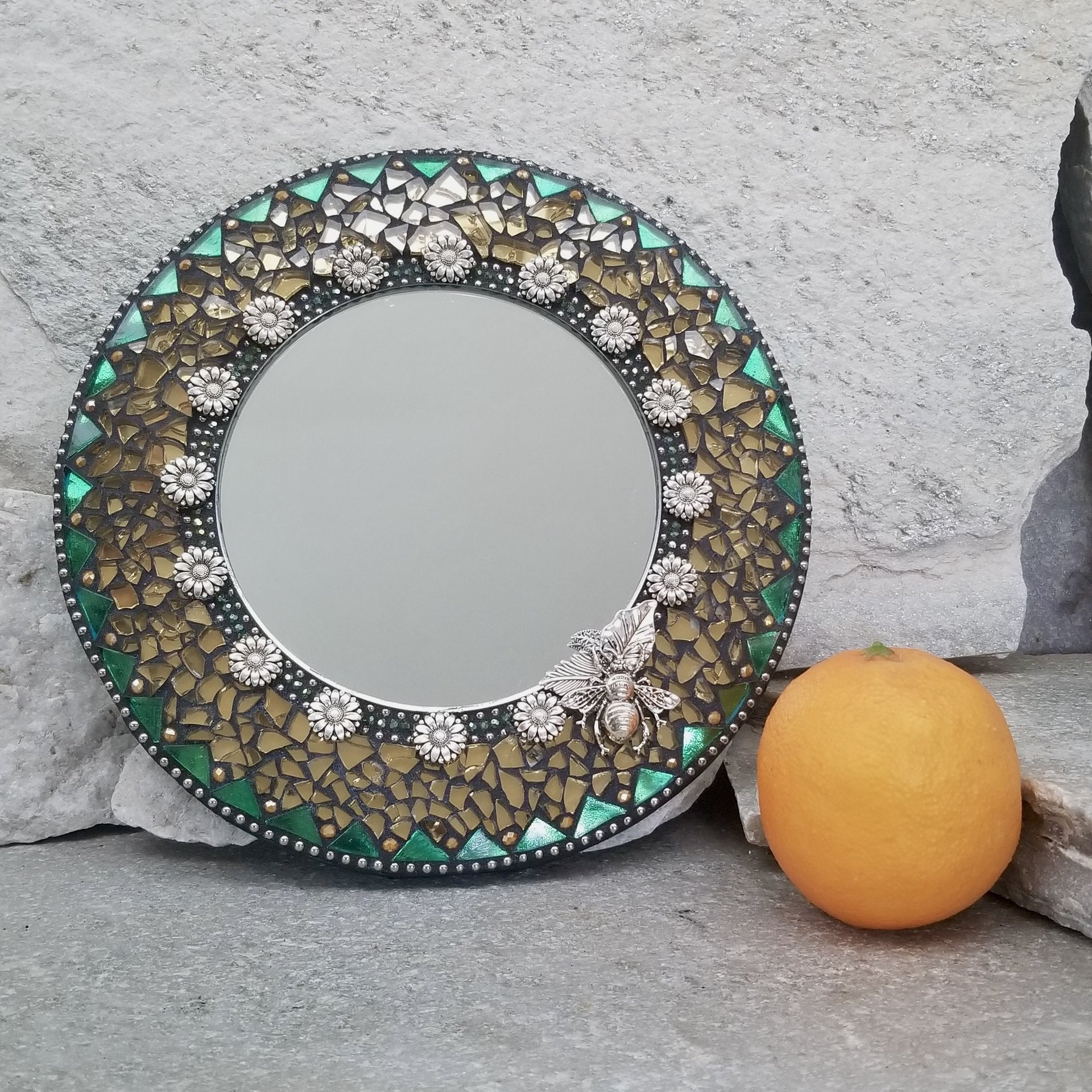 Bee and Sunflower Mosaic Gold Mirror, Round Mosaic Mirror, Home Decor