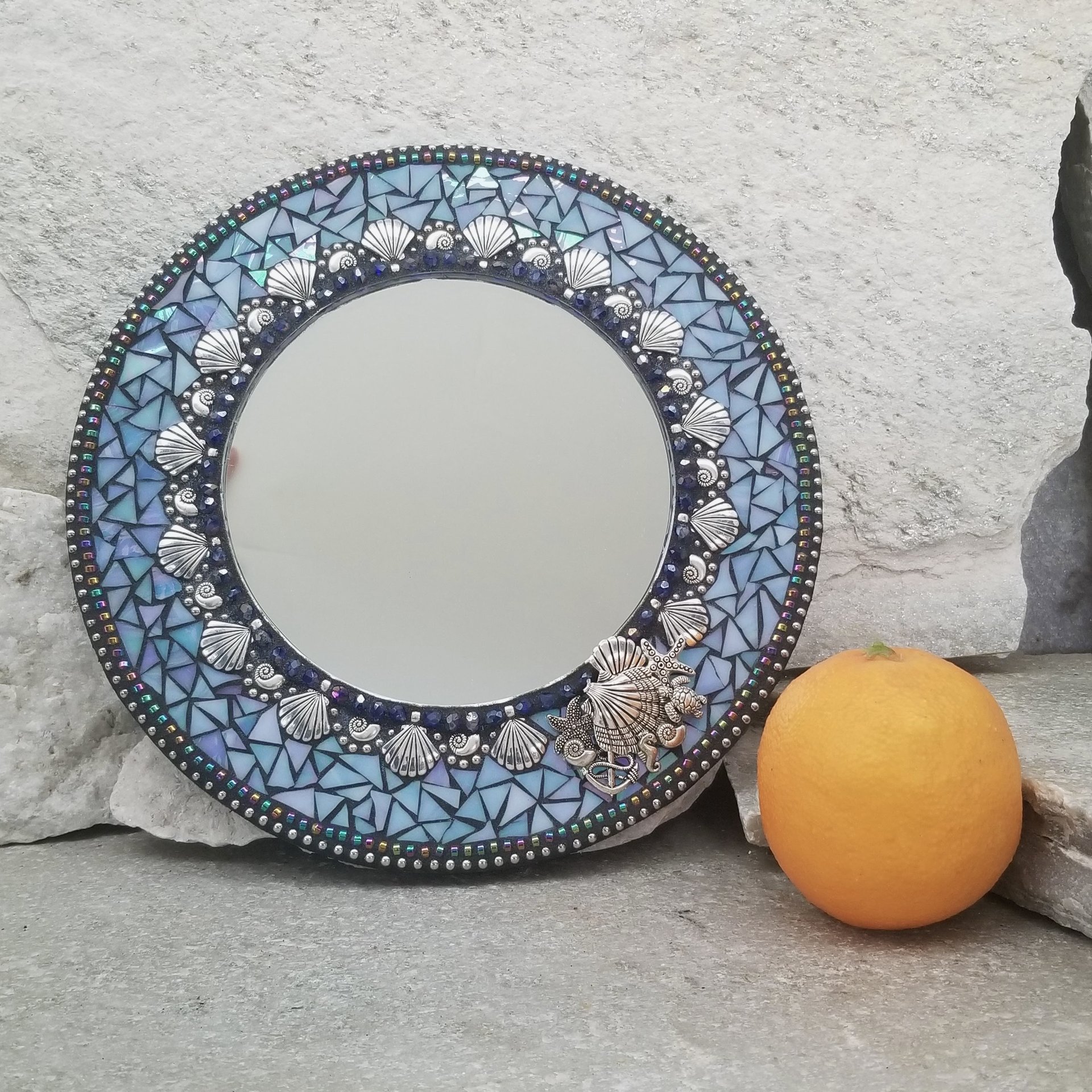 Seashells Mosaic Blue Mirror, Round Mosaic Mirror, Home Decor